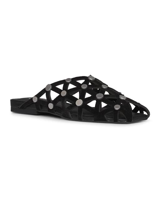 Ash Bone Square Toe Studded Open Weave Flat Mule in het Black