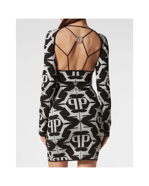 Philipp Plein Kleedjes ,Zwart ,Leer Viscose & Lurex Mini Jurk Hexagon in het Black