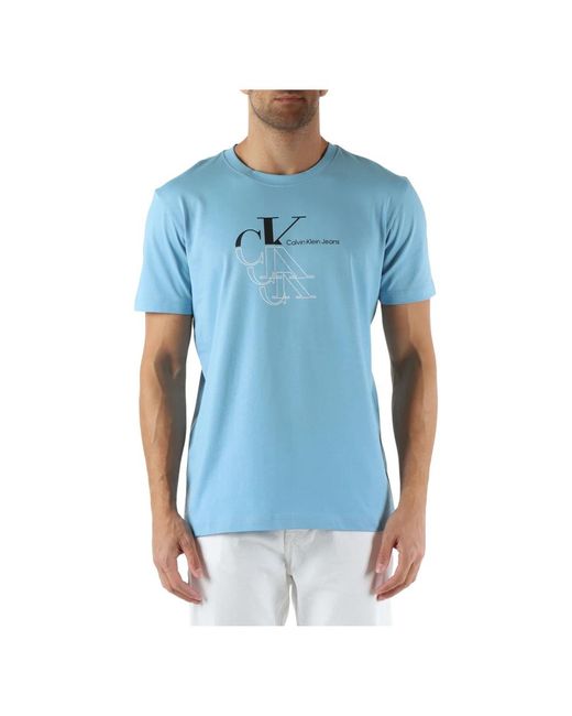 T-shirt in cotone con stampa logo di Calvin Klein in Blue da Uomo