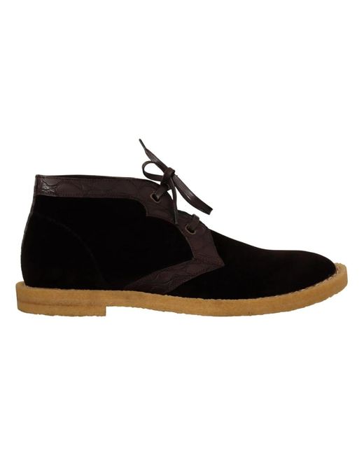 Dolce & Gabbana Black Brown Velvet Exotic Leather Boots for men