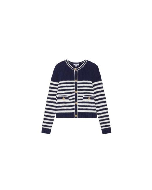 Suncoo Blue Gestreifter Bouclé-Strick Rundhalsausschnitt Cardigan