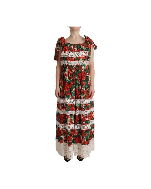 Dolce & Gabbana Brown Dolce Gabbana Geranium Print Lace Long Maxi Dress