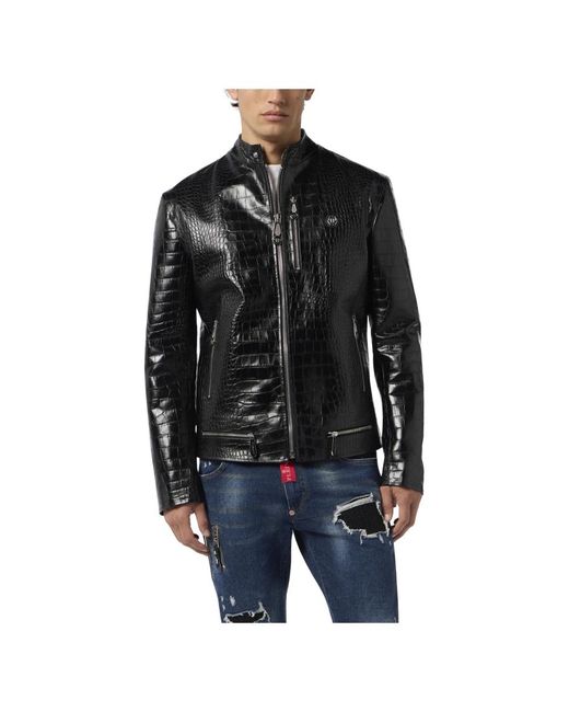 Philipp Plein Jassen ,Zwart ,Leer Leather Moto Jacket Cocco in het Black voor heren
