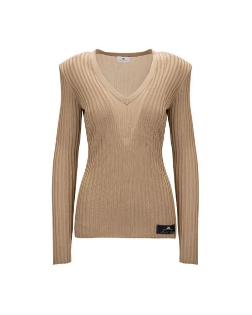 Elisabetta Franchi Brown V-Ausschnitt Langarm Stricktop
