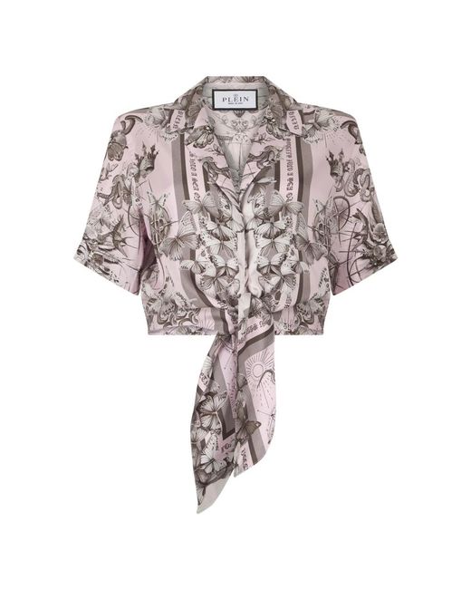 Philipp Plein Overhemden ,Roze ,Cropped Bow Shirt Butterfly Tattoo in het Pink