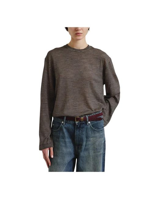Pomandère Gestreept Wollen T-Shirt Met Lange Mouwen in het Gray