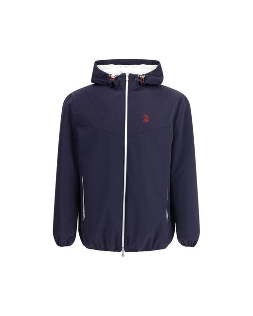 Brunello Cucinelli Jassen ,Blauw ,Waterdichte Hoodie Met Gewatteerd Ontwerp in het Blue voor heren