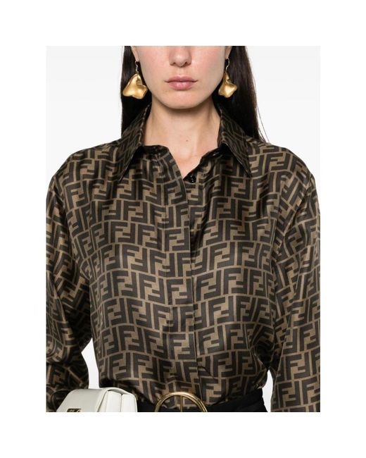 Fendi Overhemden ,Bruin ,Satijn Ff Silk Shirt in het Brown
