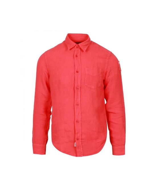 Blauer Overhemden ,Rood ,Linnen Koraalrode Linnen Overhemd Met Lange Mouwen in het Red voor heren