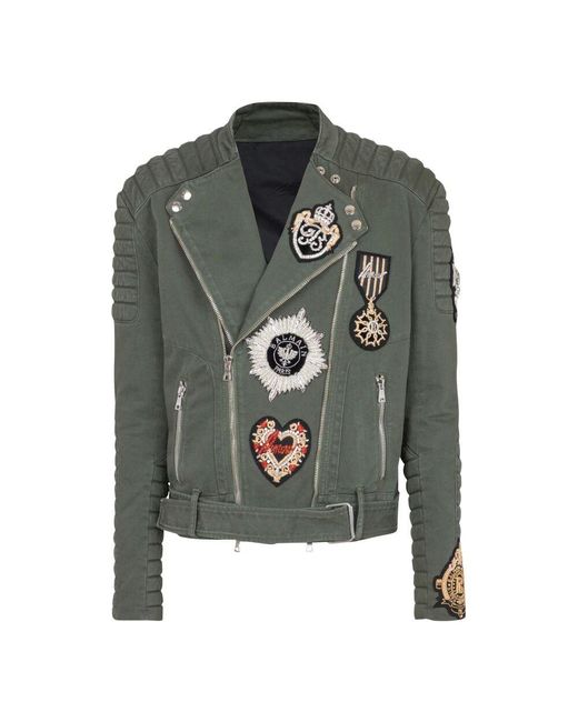 Balmain Green Denim Biker Jacket With Embroidered Patches for men
