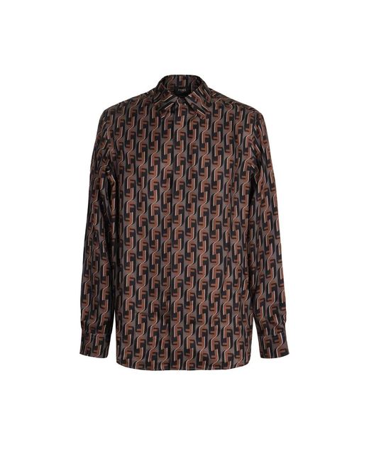 Fendi Overhemden ,Bruin ,Zijden Jacquard Logo Shirt in het Brown voor heren