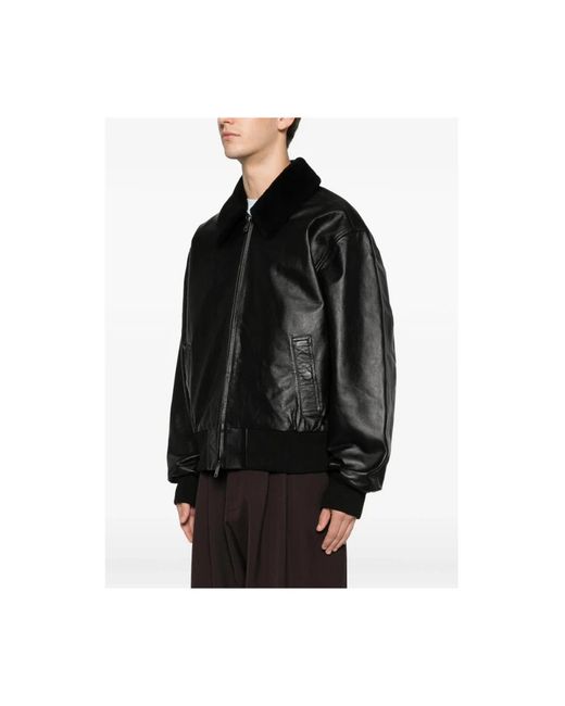 Calvin Klein Jassen ,Zwart ,Leer Shearling Collar Leren Bomberjack in het Black voor heren