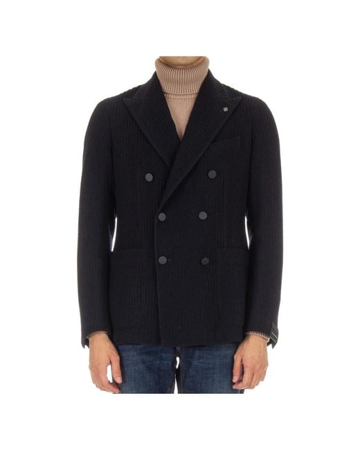 Tagliatore Jassen ,Blauw ,Wol Geribbelde Wollen Double-Breasted Jas in het Black voor heren