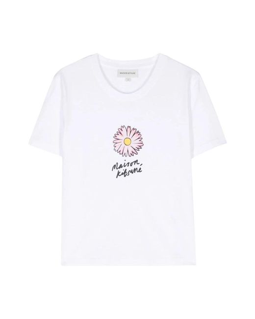 Maison Kitsuné White Floating flower print crew neck t-shirt