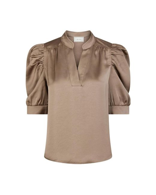 Neo Noir Overhemden ,Bruin ,Polyester Sateen Blouse Met Pofmouwen in het Brown