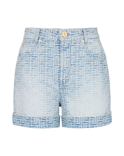 Shorts in denim con monogramma di Balmain in Blue