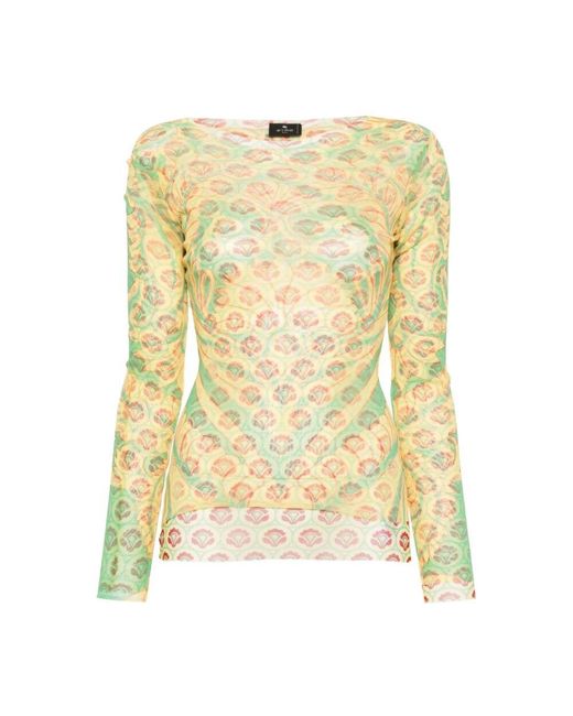 Etro Yellow Mesh grafikdruck langarm top