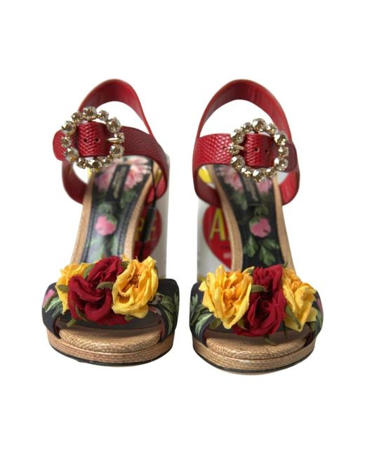 Dolce & Gabbana Red Mehrfarbige, floral verzierte, zylindrische Absätze AMORE Sandalen
