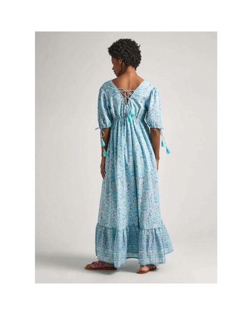 Pepe Jeans Blue Blumige baumwoll maxikleid