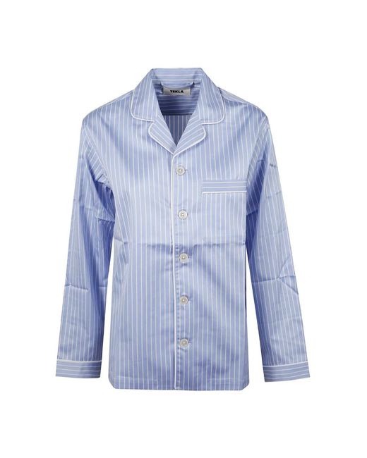 Tekla Satijnen Pyjamashirt in het Blue