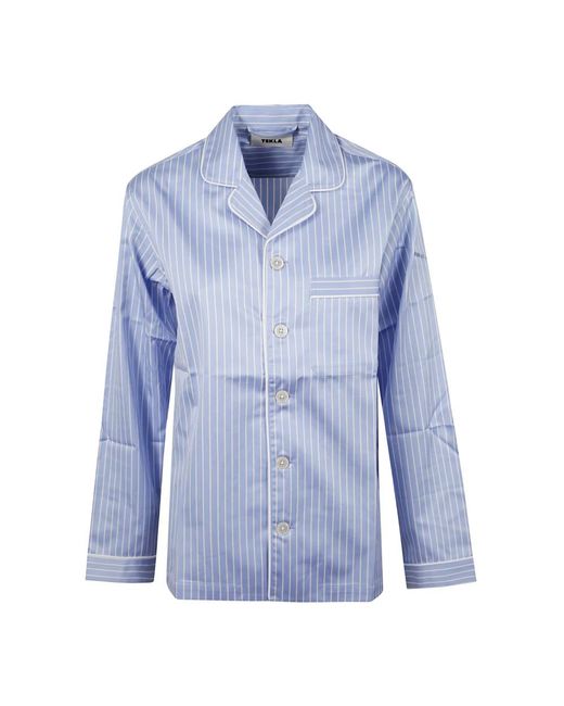 Tekla Satijnen Pyjamashirt in het Blue