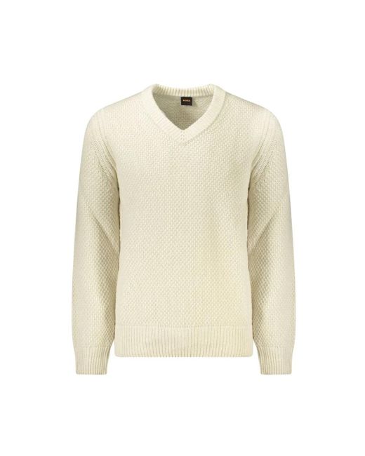 HUGO Moderne V-Ausschnitt Pullover Mit Kontrastdetails in Natural für Herren