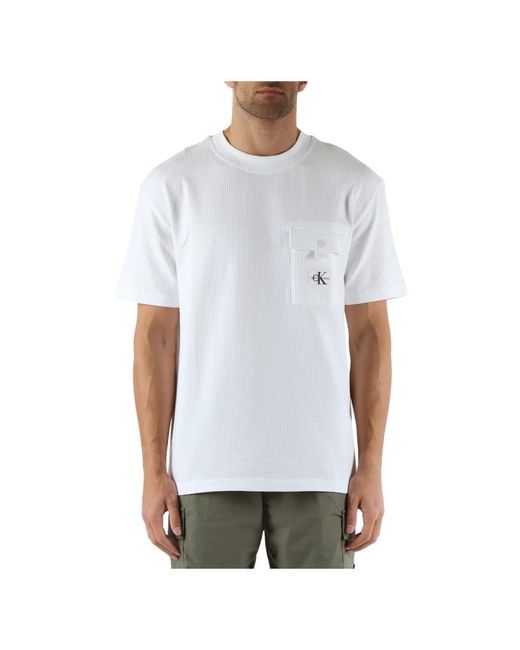 T-shirt in cotone stretch con taschino di Calvin Klein in White da Uomo
