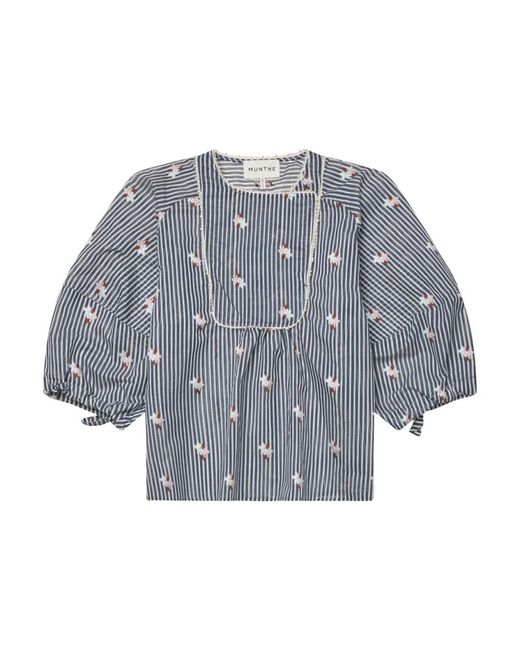 Munthe Gray Gestreiftes Top Mit Puffärmeln