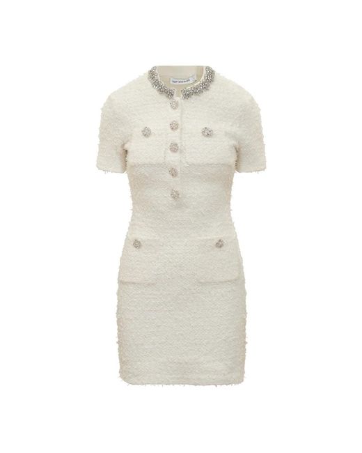 Self-Portrait White Ivory Bouclé Mini Kleid Mit Juwelknöpfen