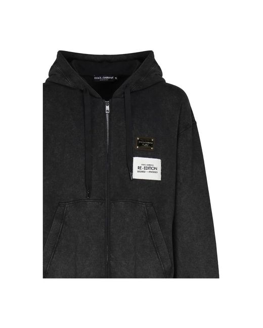 Dolce & Gabbana Black Washed Jersey Hoodie With Logo Zip for men
