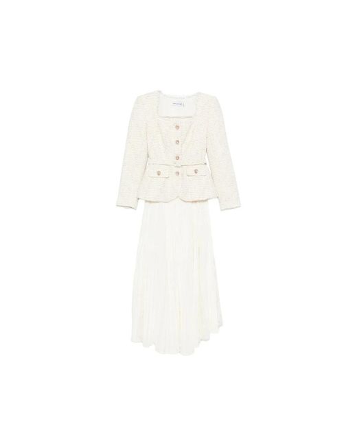 Self-Portrait White Bouclé-Knit Pleated Midi Dress