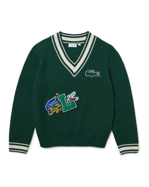 Lacoste Green Holiday Striped V-neck Sweater Comic Book Effect Badge Xs for men