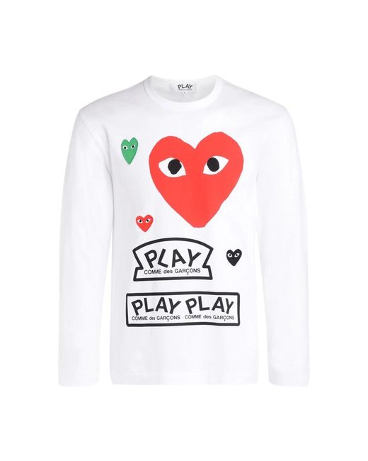 T-shirt a manica lunga con cuore rosso e loghi multicolor di COMME DES GARÇONS PLAY in White da Uomo