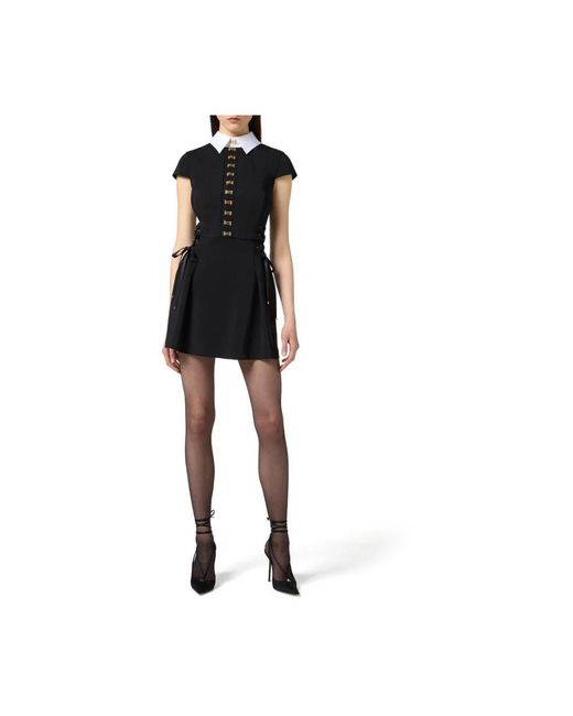 Elisabetta Franchi Black Mini-Kleid Aus Satin Und Popeline Mit Schmuckverschlüssen
