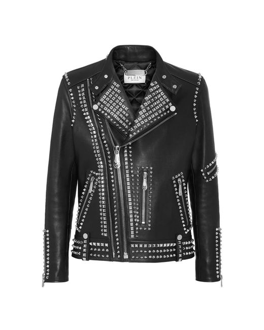 Philipp Plein Jassen ,Zwart ,Leer Leather Biker Studs in het Black voor heren