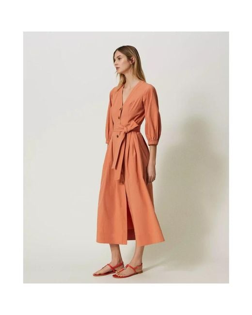 Twin Set Orange Baumwoll-chemisier-kleid mit v-ausschnitt