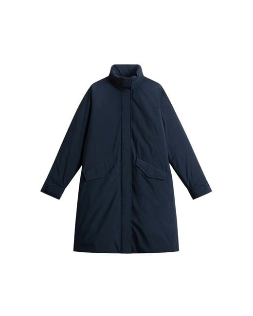Woolrich Jassen ,Blauw ,Polyester Lange Cloud Jas Met Opvouwbare Capuchon in het Blue