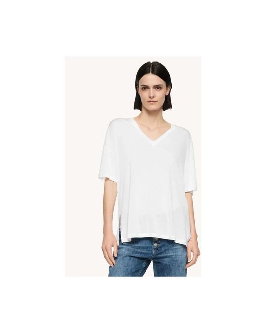 Dondup Tops ,Wit ,Zijden V-Hals Regular T-Shirt in het White