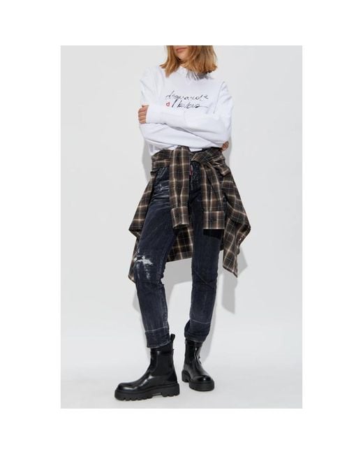 DSquared² Hoodies & Sweatvesten ,Wit ,Katoen Bedrukte Sweatshirt in het Blue