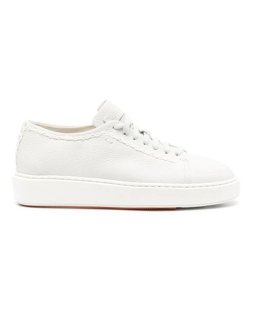 Santoni White Cow Leather Trainers With Textured Upper