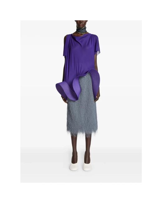 Dries Van Noten Overhemden ,Blauw ,Zijden Top Met Asymmetrische Geplooide Zoom in het Purple