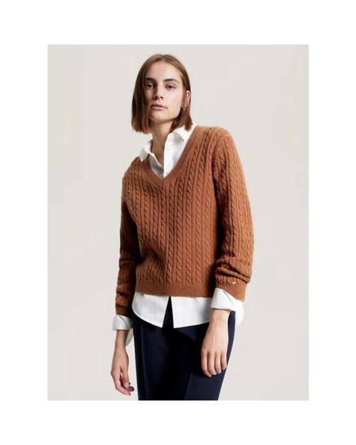 Tommy Hilfiger Brown Strickpullover mit v-ausschnitt und verdrehungen