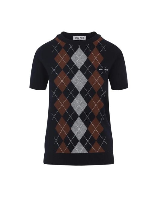Miu Miu Blauwe Cashmere Pullover Met Argyle Patroon in het Black