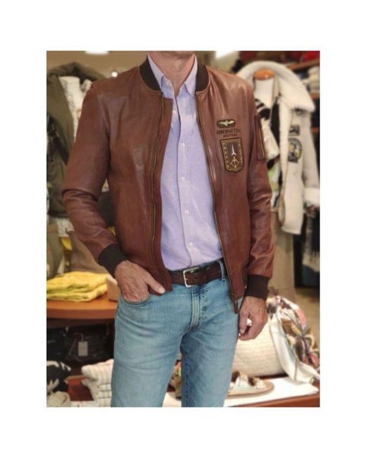 Aeronautica Militare Leder-bomberjacke mit rippbündchen in Brown für Herren