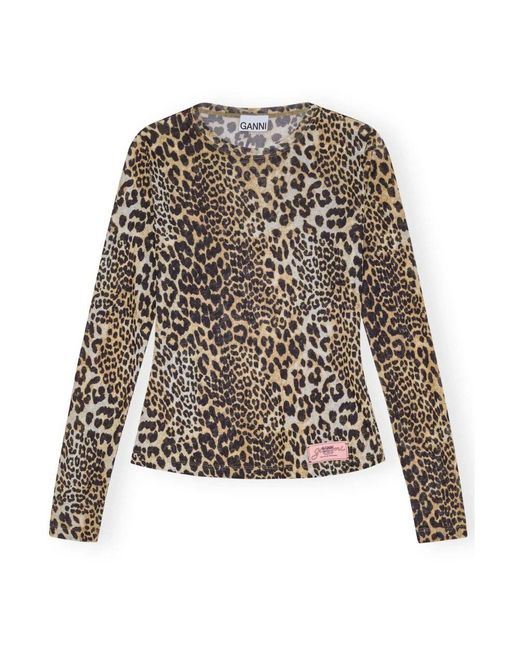 Ganni Black Bedruckter Mesh Langarm Pullover