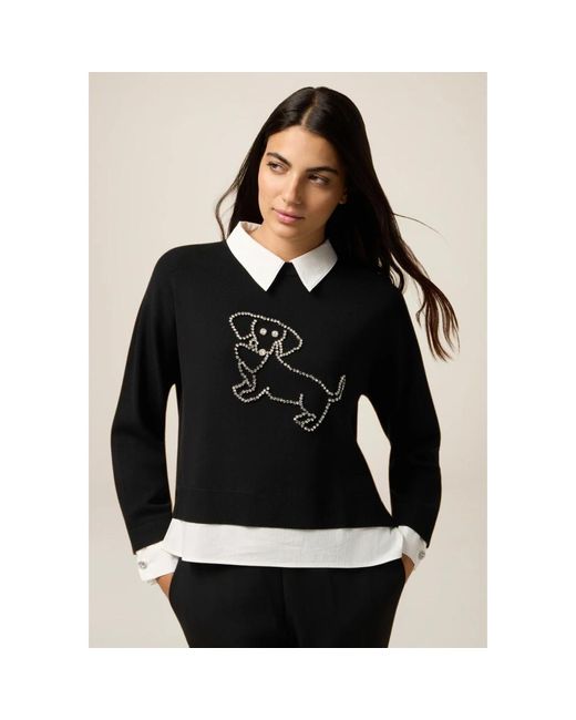 Oltre Black Pullover Mit Zopfmuster Und Kragen