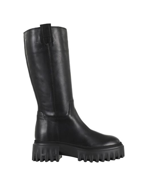 Hogan Schoenen ,Zwart ,Leer Zwarte Leren Laars Met Rubberen Zool H700 in het Black