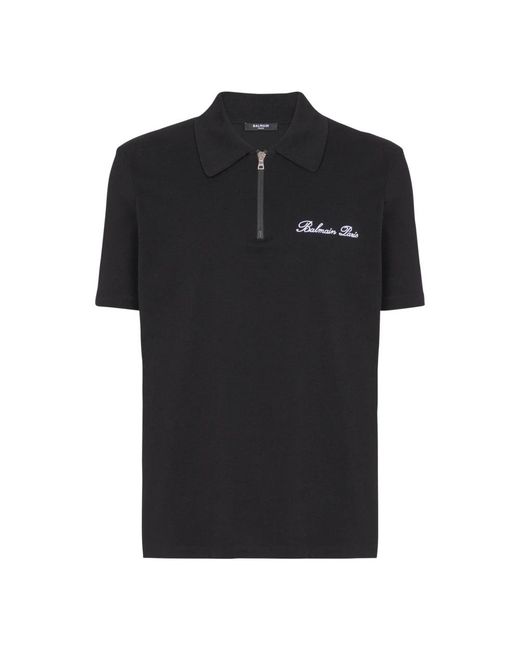 Balmain Tops ,Zwart ,Katoen Polo Shirt Met Korte Mouwen En Kenmerkend Borduursel in het Black voor heren