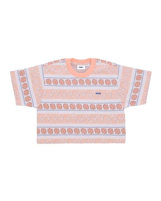 Obey Pink Gestreiftes Crop Tee Pfirsich Sand Multi