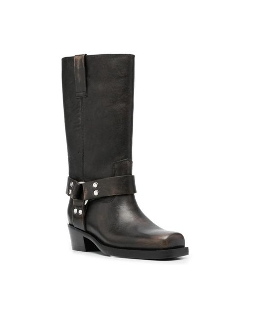 Paris Texas Black Schwarze leder-cowboy-stiefel mit schnalle